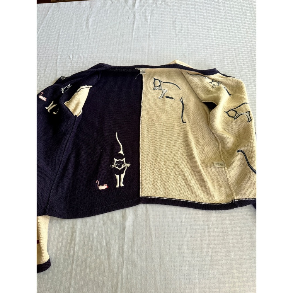 Christopher & Banks Cat Cardigan Navy Cream Embroidered Knit Sweater Medium 2003 - Picture 10 of 16